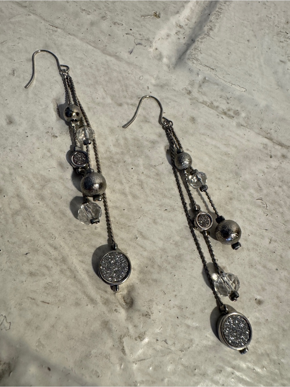 Silver-Tone Multi-Strand Dangle Earrings | Faux Druzy, Metallic Beads & Crystall